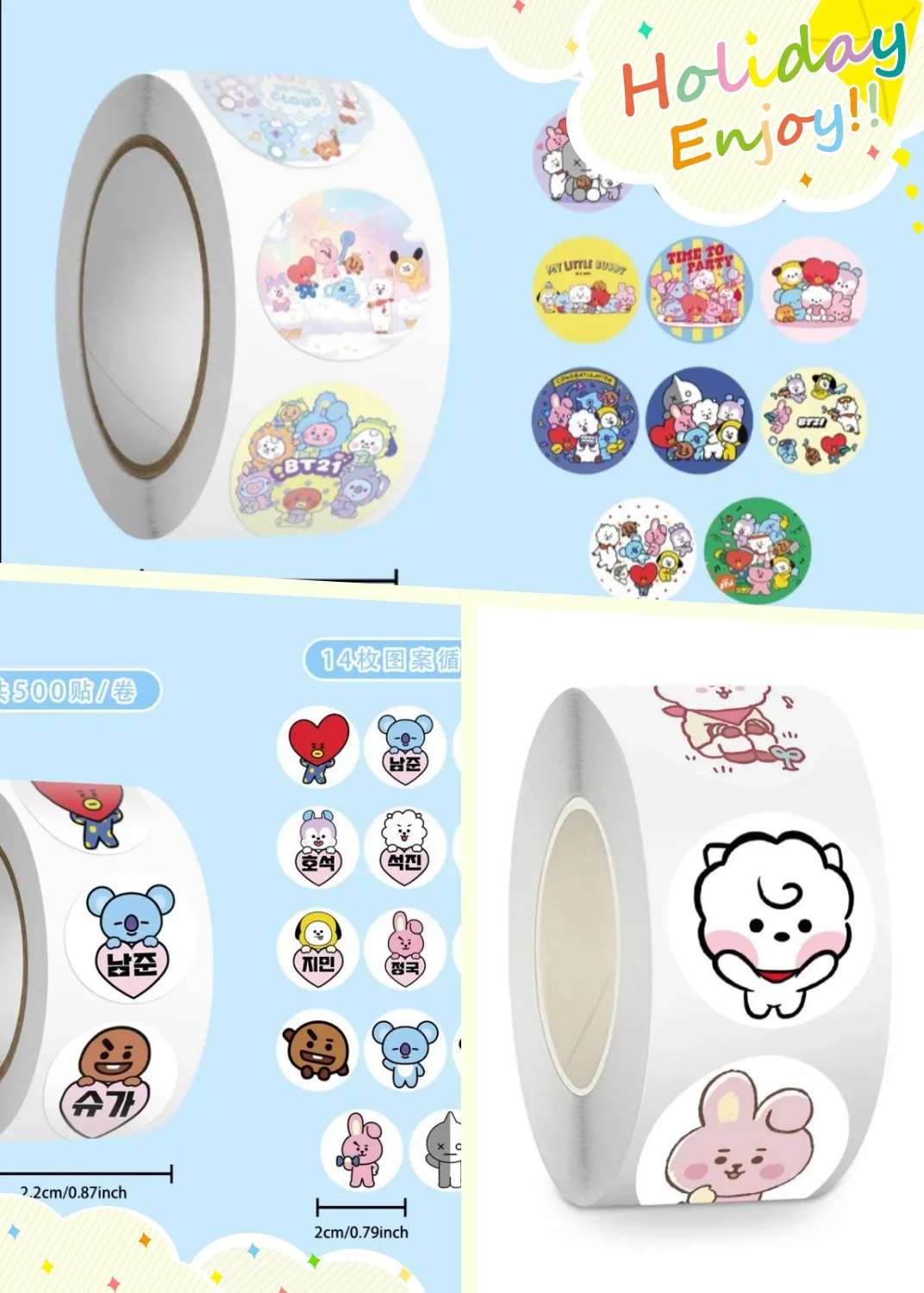 500Pcs BT21 Roll Stickers Cute Cartoon Doll Self Adhesive Sticker Fashion Decoration DIY Scrapbooking Birthday Gift for Fans ﻿