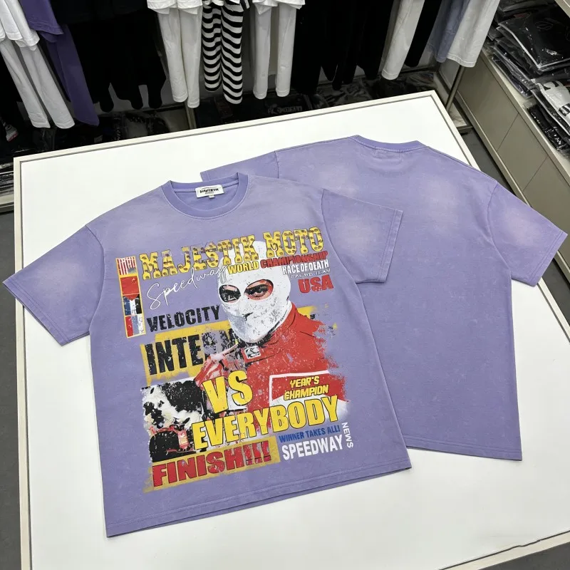 Hip Hop Street Washed Wornout MAJESTIK Tshirts Purple Men Tops Masked Person Faded Pattern Heavy Hot Drill Letters Short Sleeve