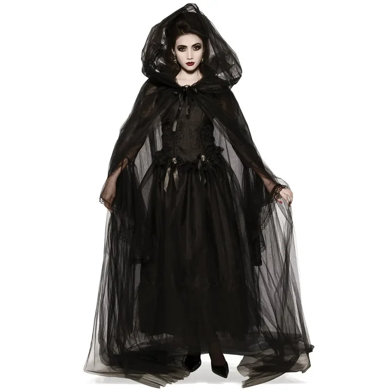 Witch Women Zombie Vampire Halloween Costume Horror Spooky Ghost Sexy Dress+Cloak Medieval Hooded Cape Day Of The Dead Cosplay