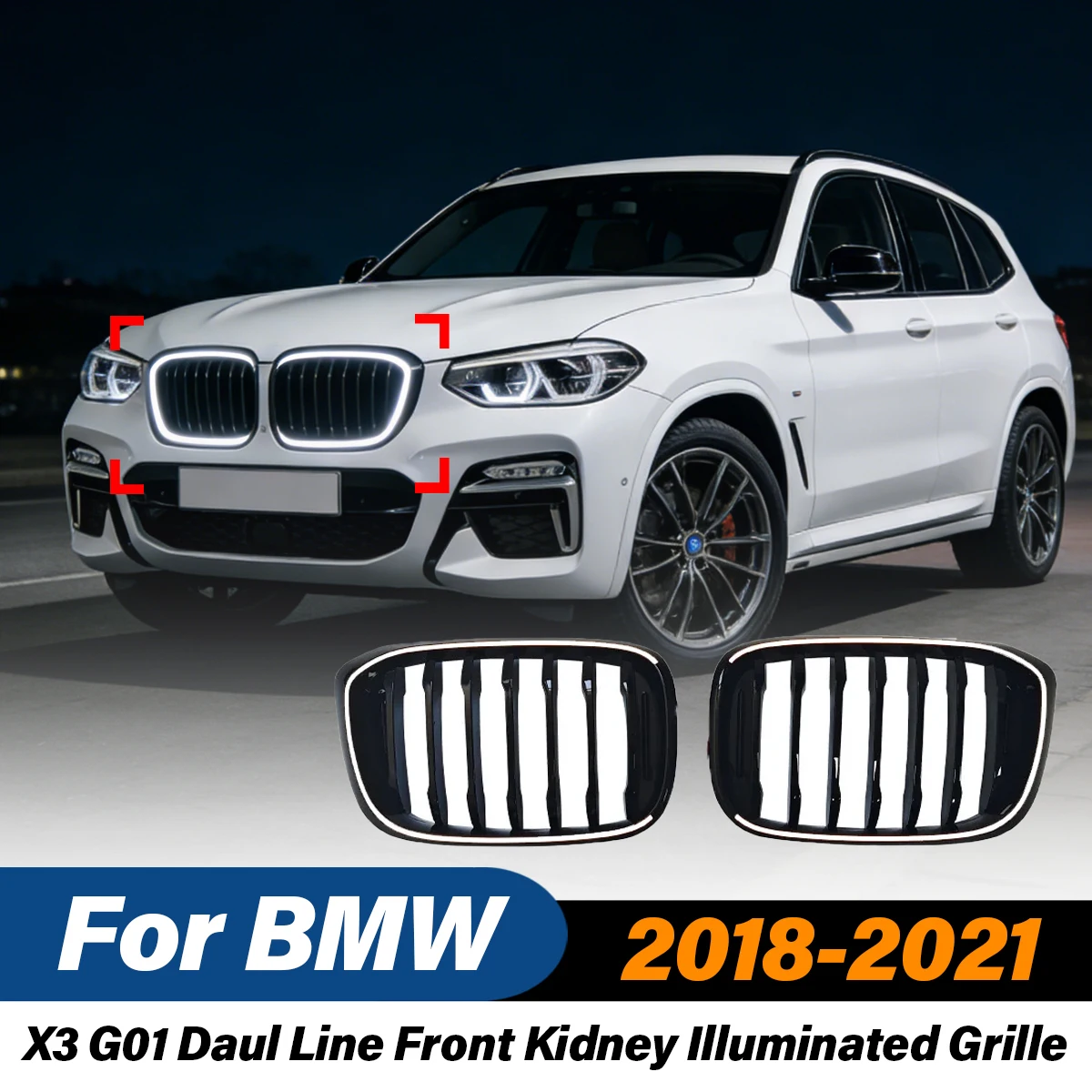 

For BMW X3 G01 2018 2019 2020 2021 Daul Line LED Front Kidney Illuminated Grille Glossy Black Radiator Grills Car Accessories