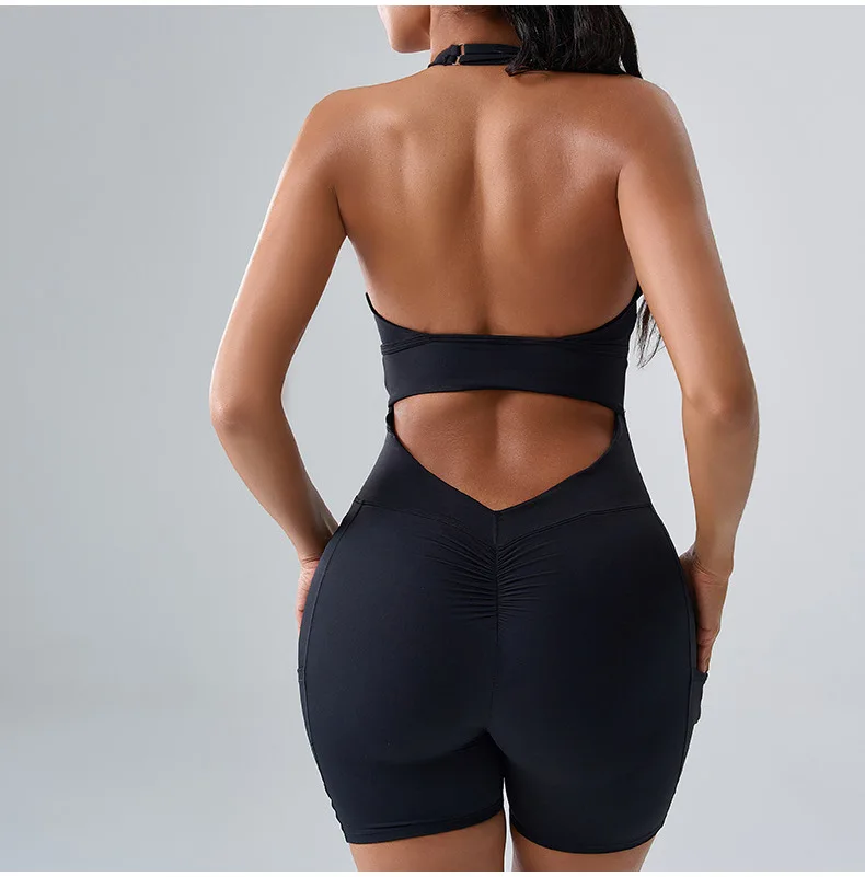 

Seamless Yoga Jumpsuit Sports Fitness Peach Hip Backless with Chest Pad One-piece Workout Clothes Gym Shorts Tracksuit for Women