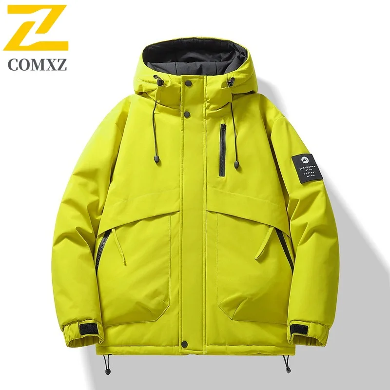 COMXZ Mens Stand Collar Fleece Lined Diamond Quilted Puffer Hooded Jacket Winter American Style Waterproof And Windproof Coat