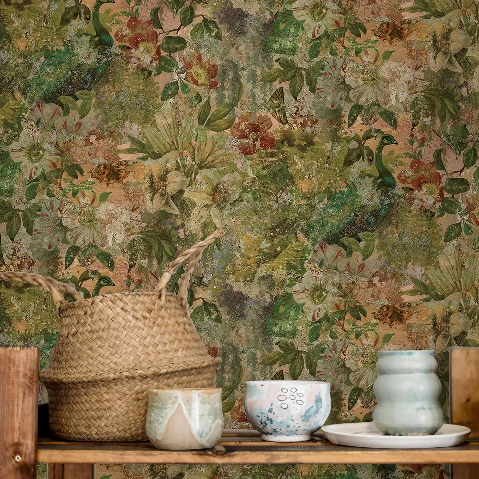 Multi-Color Flowers and Peacock Wallpaper,Wall Stickers Decoration Adhesive For Room Decoration /Tradition Non-woven Mural Paper
