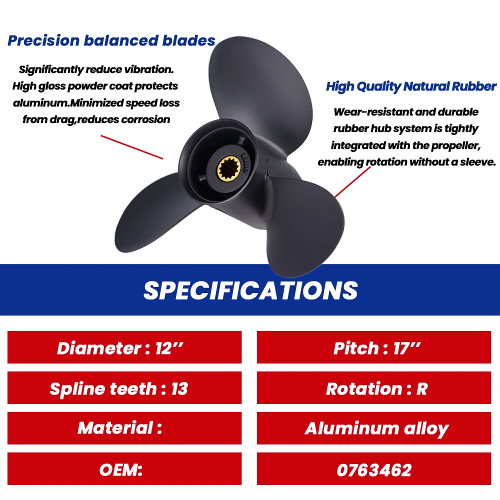 For Johnson Outboard Propeller 12*17 Boat Aluminum Alloy Screw 3 Blade 13 Spline 45 50 55 60 65 70 75HP Boat Motor 0763462