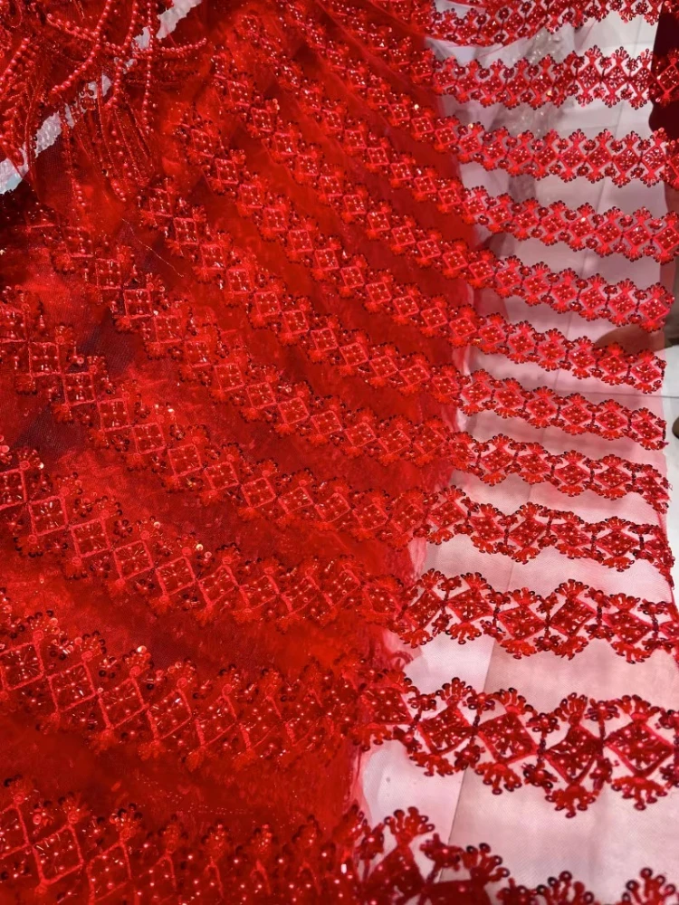 

Large Red Nail Bead Embroidery Mesh Fabric for Pearl Glitter Lace Fabric Design Fashion Cloth Diy By The Meter Sewing Material