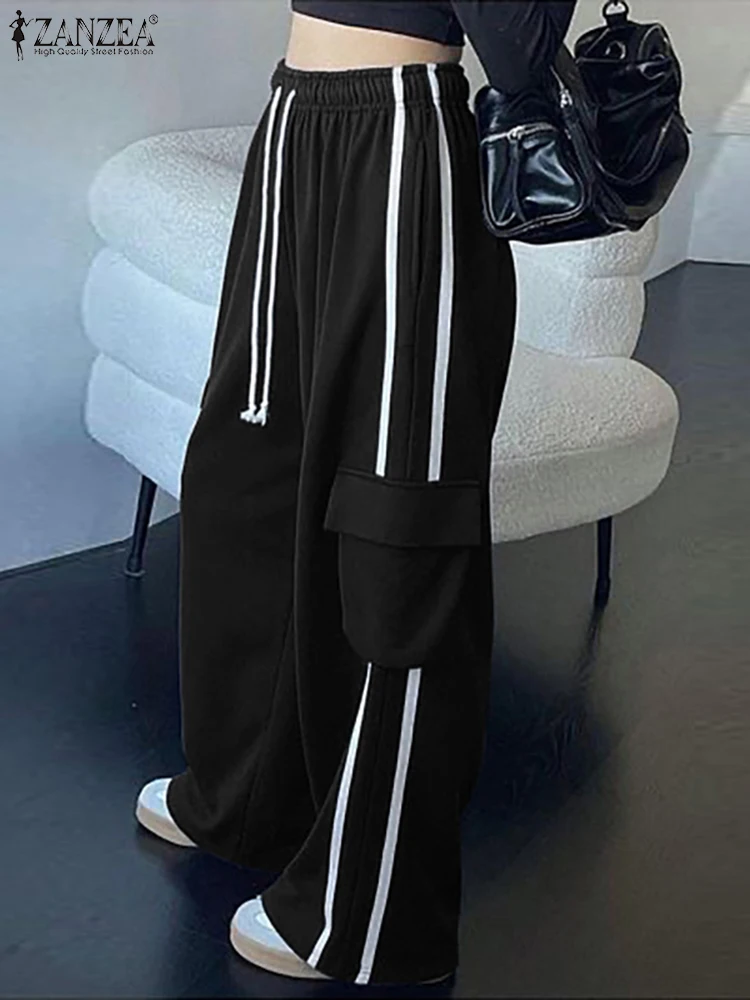 

Fashion Summer Cargo Pants ZANZEA Women Casual Elastic Waist Trousers Y2k Streetwear Solid Loose Wide Leg Pantalon Oversize 2025