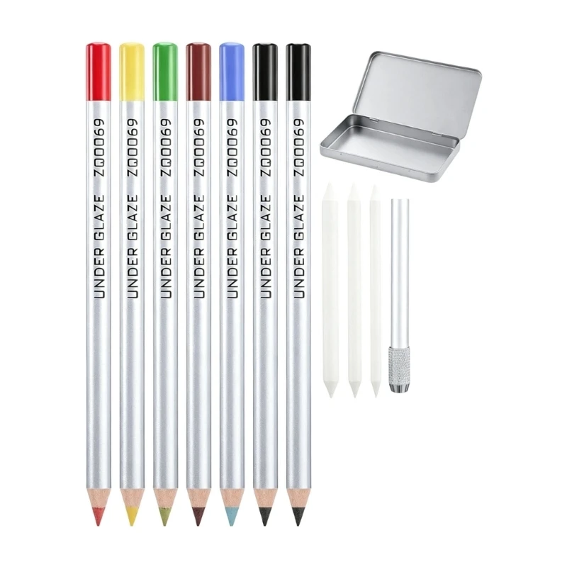 Underglaze Pencil Set for Ceramic Painting, 7 Assorted Pottery Pencils with Drawing Tools, Sharpeners, Pencil Holder and KXRE