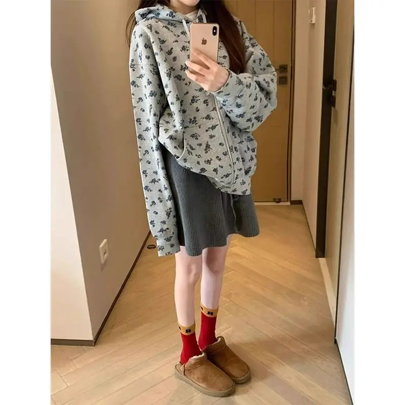 

Свободная женская толстовка с капюшоном и американским принтом на осень и зиму плюс бархатная утолщенная куртка-кардиган на молнии