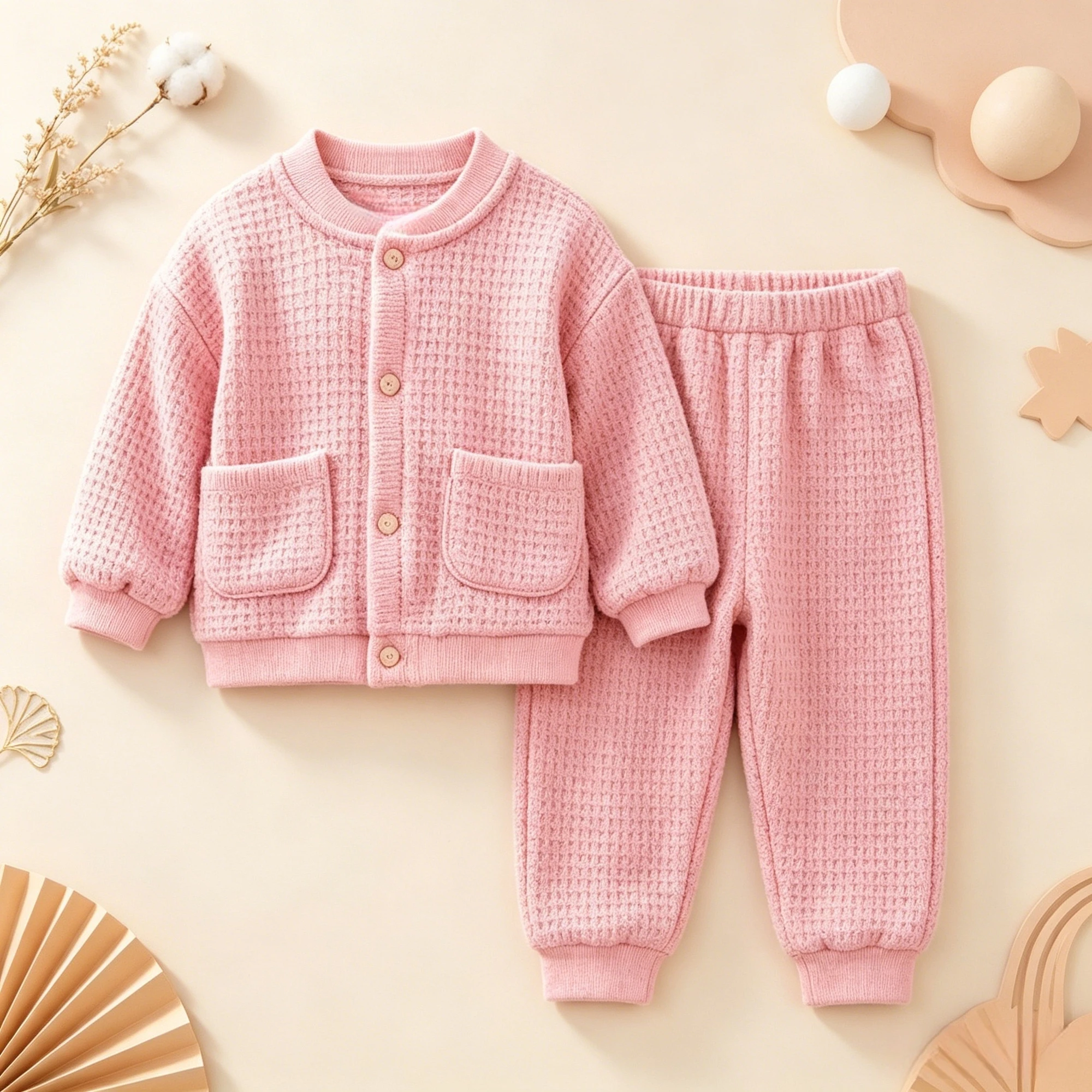Solid Pink Infant Waffle Tracksuit Long Sleeve Pocket Jacket Elastic Pants Kids Casual Loungewear