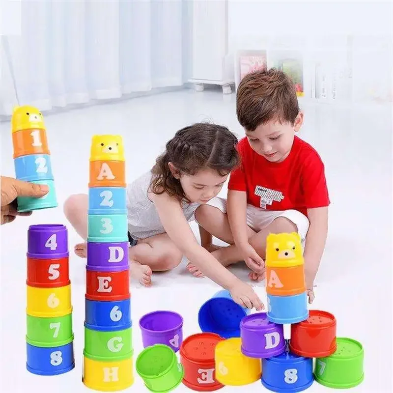 Rainbow Stacking Cups Montessori Early Educational Toy Number Letter Color Sorting Nesting Cup for Kids Toddler Bath Puzzle Game