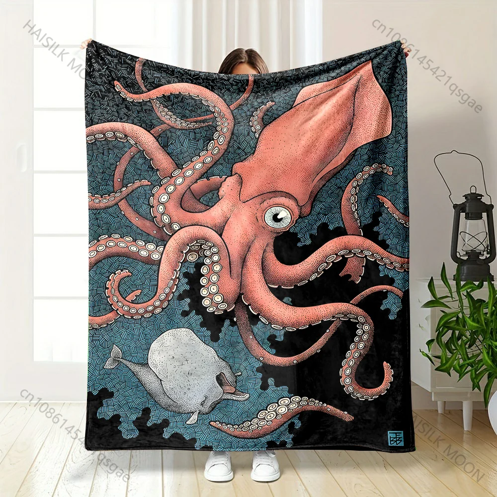 Multiple sizes Giant squid and whale  Print Blanket Warm Soft Suitable for All Seasons for Home Sofa Travel Camping Picnics RV