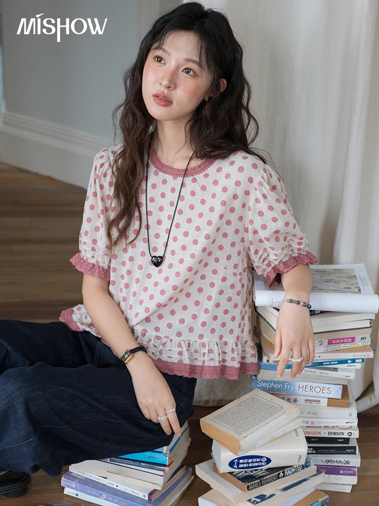 

MISHOW Women's Blouse Fashion Pink Polka Dot Short Top 2025 Summer Sweet Puff Sleeve Blouse Casual Female Clothing MXE37X1900