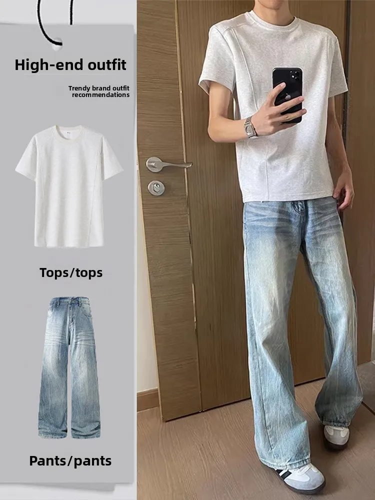 

Cool American Style Knife Jeans Flared Denim Pants Men's Lightning Pattern Outfit Set Stylish Spring Season Couple's Wear