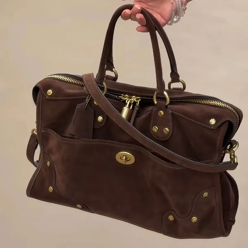 Women Retro Suede Satchel Handbag Vintage Rivet Turn‑lock Top‑handle Bag Removable Strap Crossbody Shoulder Bag for Office Daily