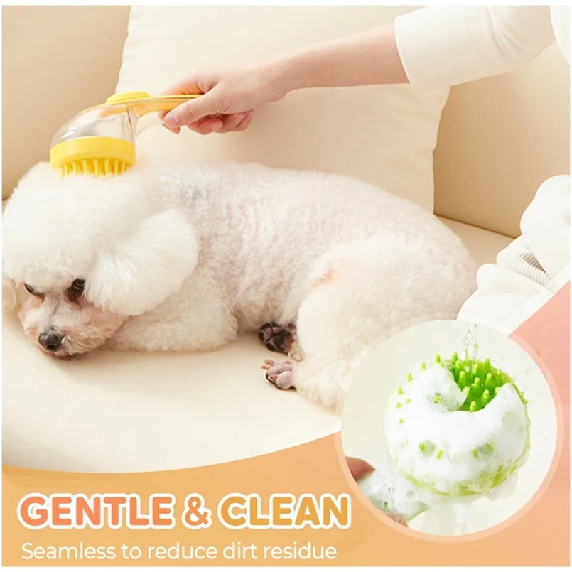 

Long Handle Pet Bath Brush 2 in 1 with Built in Shampoo Dispenser for Dogs Cats Grooming Massage Reduce Residue Silicone Pet Bru