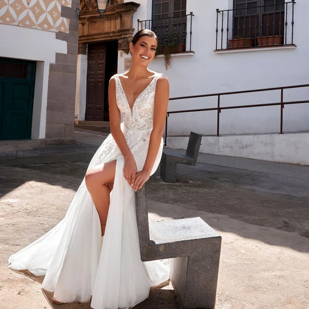 Vestidos de casamento de fenda lateral personalizados com renda novo 2025 marfim sem alças sem mangas vestidos de noiva feminino verão novia