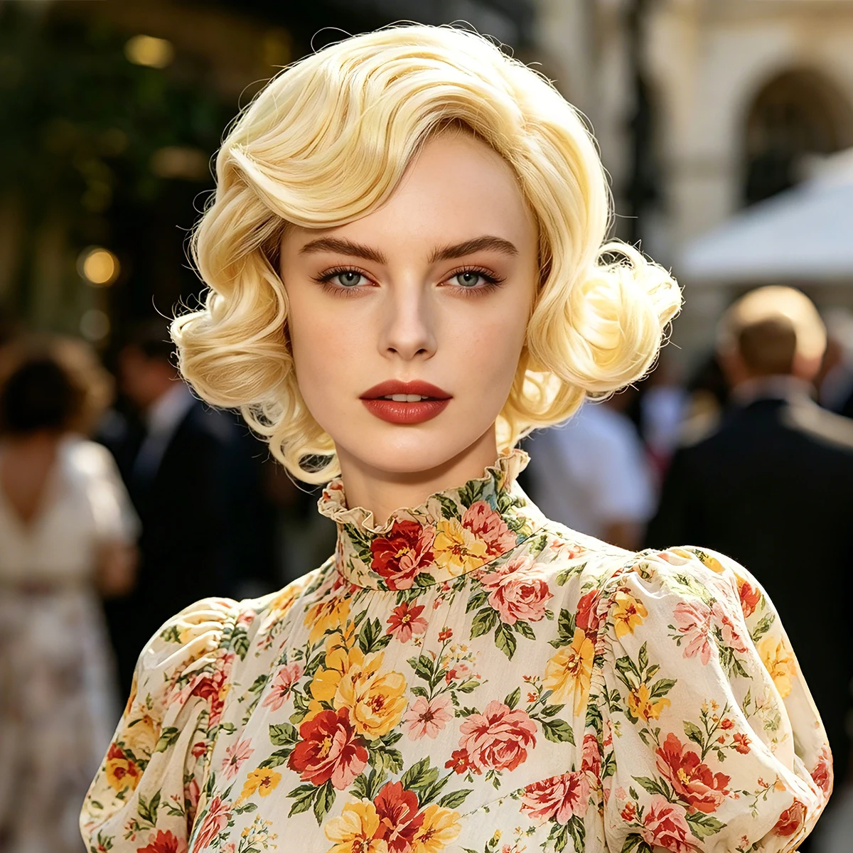 Blonde Vintage Finger Wave Short Synthetic Wig, Retro Old Hollywood Style for Halloween Party and Character Cosplay
