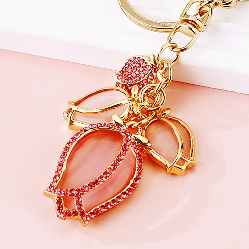 Big Rhinestone Flower Keychain Key Finder Chaveiro New Fashion Crystal Tulip Key Chain Bag Charm For Women