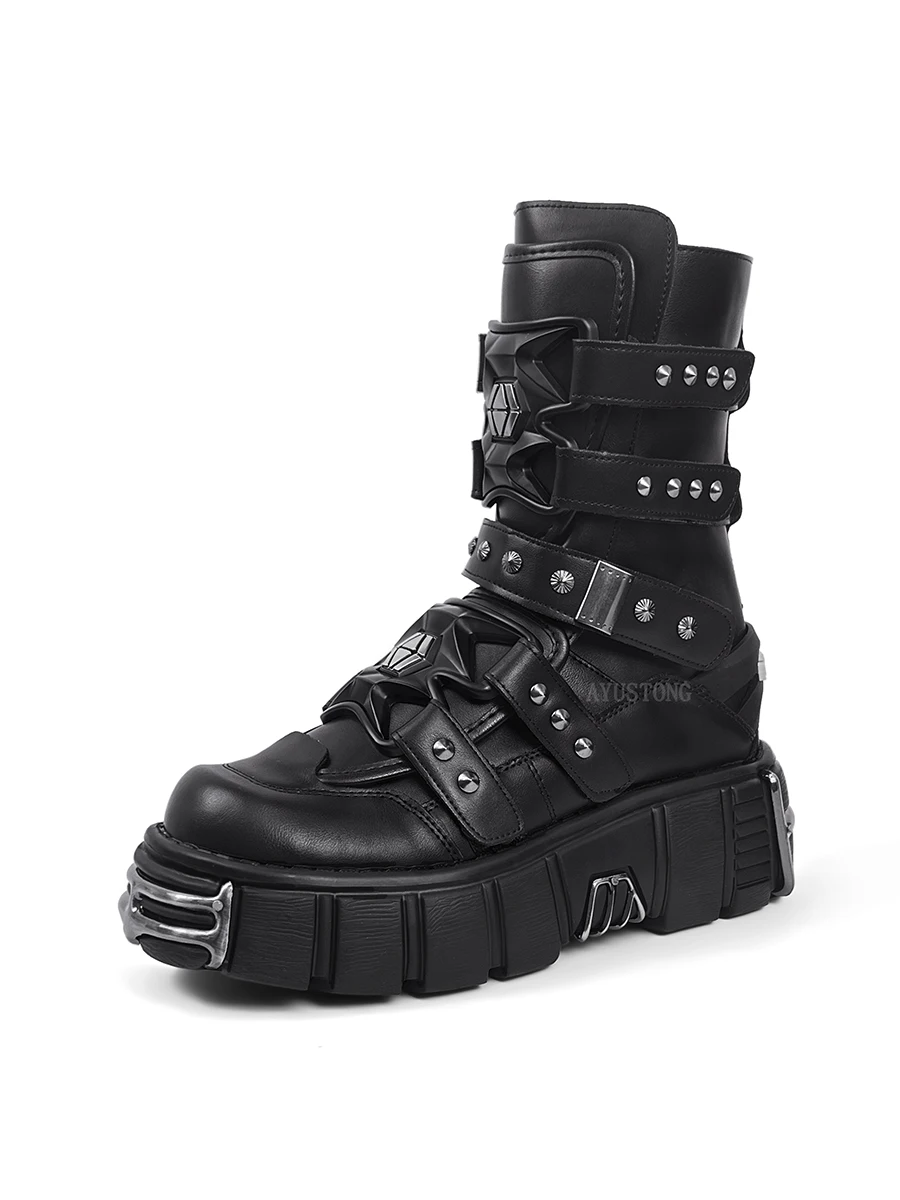 Metallic rock platform midsole boots Dark punk biker boots Gothic