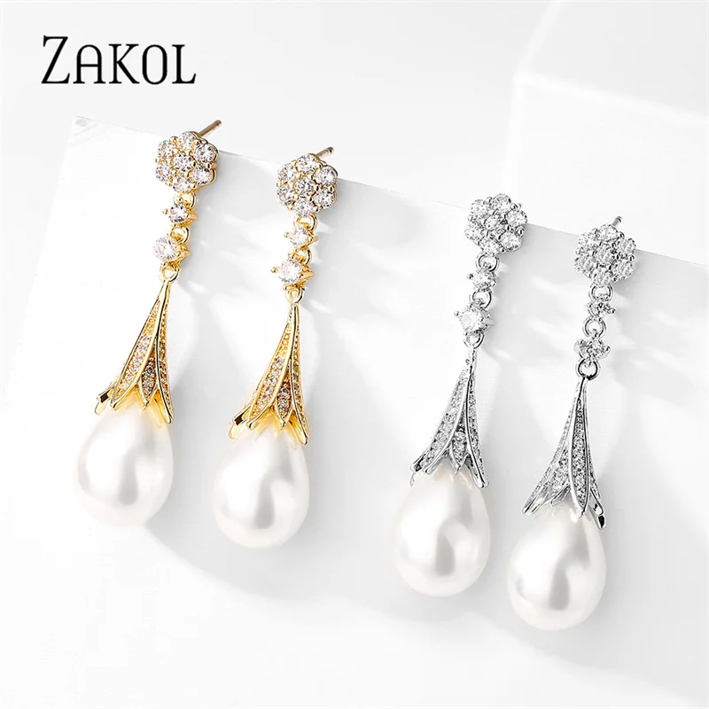 ZAKOL Fashion Pearl Dangle Earrings for Women Gold Color Cubic Zirconia Jewelry Water Drop Wedding Engagement Jewelry  New