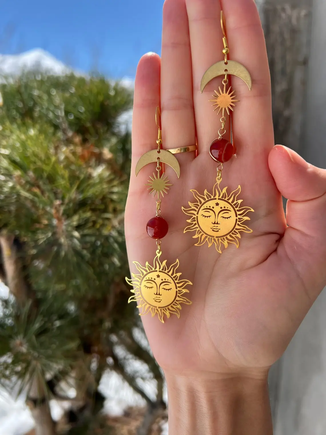 Brass sun and moon sexual healing earrings, gold crystal dangles with carnelian, mystical witchy crescent moon,bohemian earrings