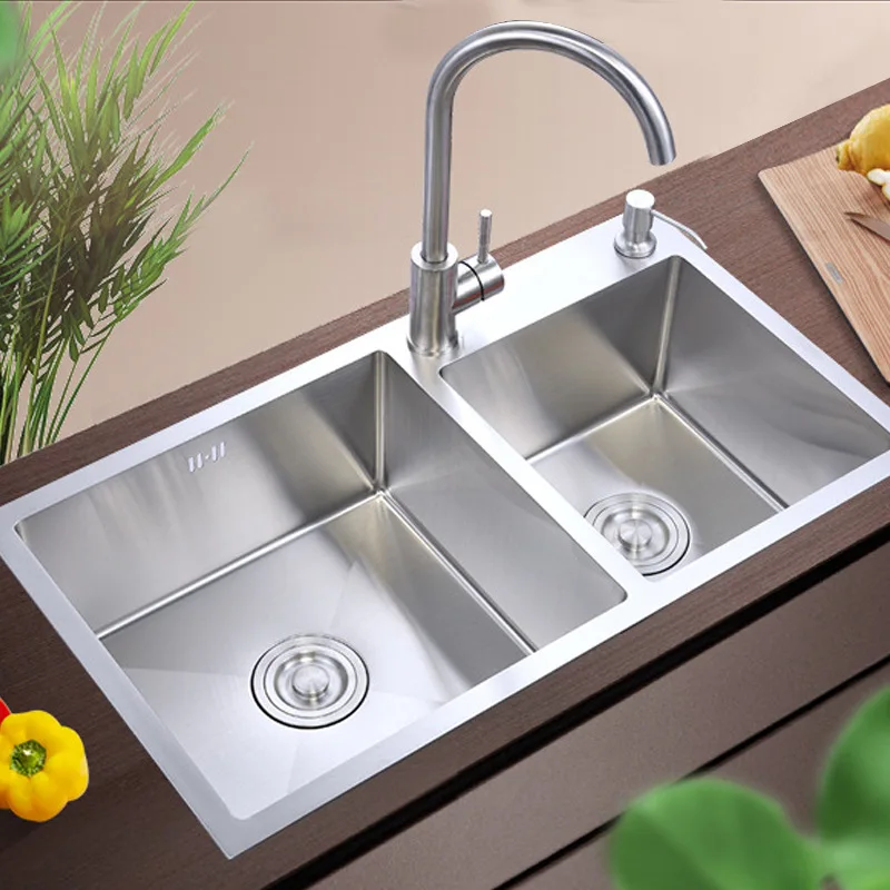 

Kitchen Double Sink SUS304 Stainless Steel Hand Thickened Vegetable Wash Basin Under Counter Dishbasin