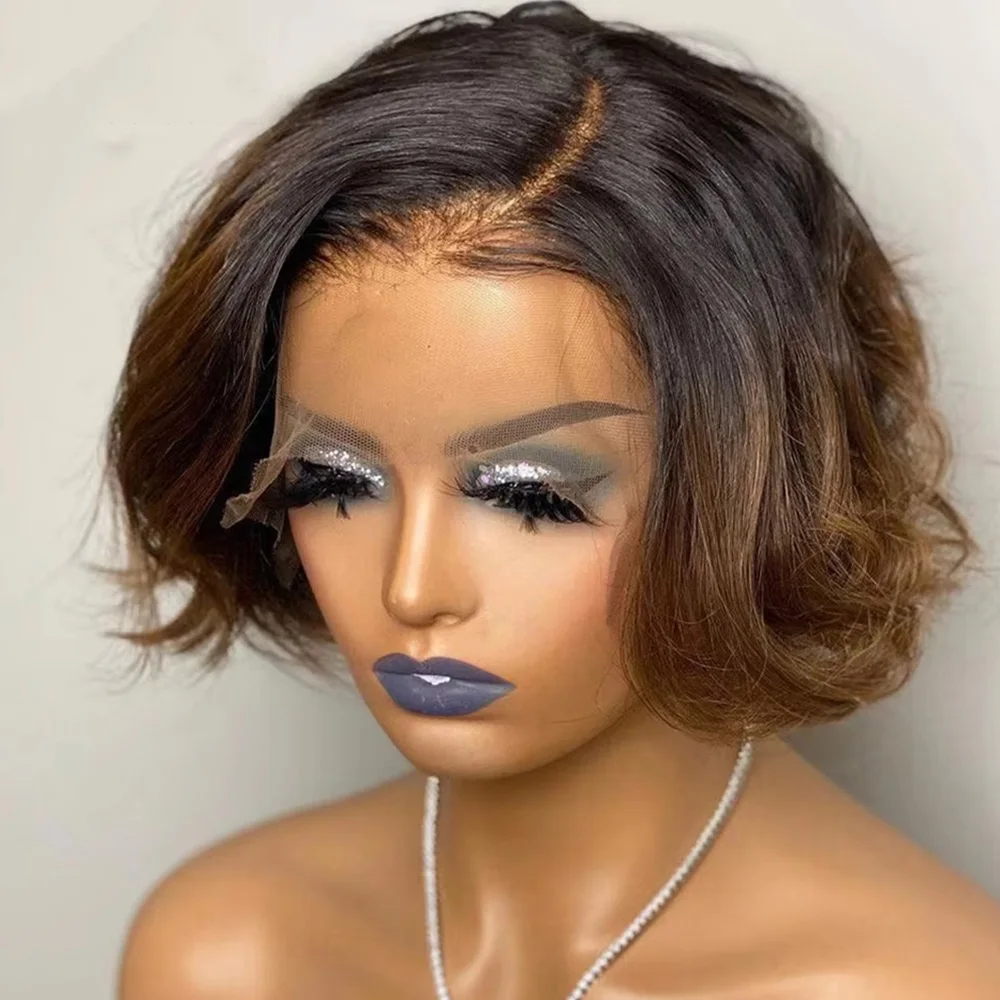

Pixie Cut Bone Straight Short Bob Ombre 1b/4 Color Wig 13x4 Transparent Lace Front Human Hair Glueless Wig Ready To Go For Women