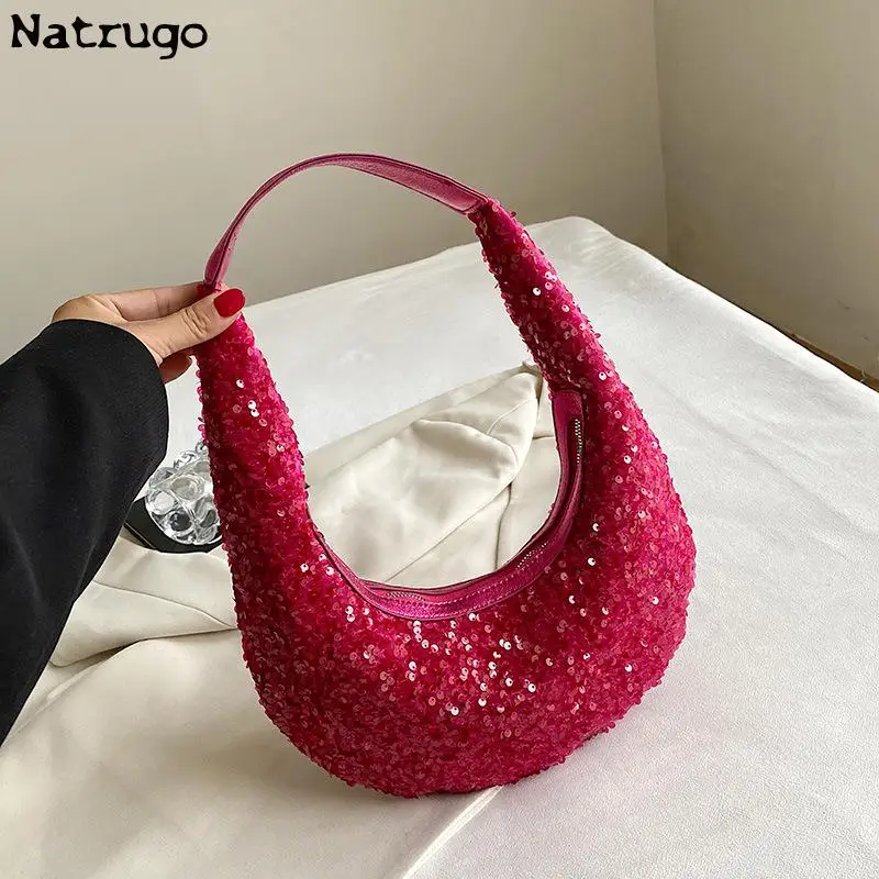 Sequin Crescent Pouch Underarm Bags For Women 2023 Luxury Designer Korean Fashion Party Handbags Trend Shoulder Bag