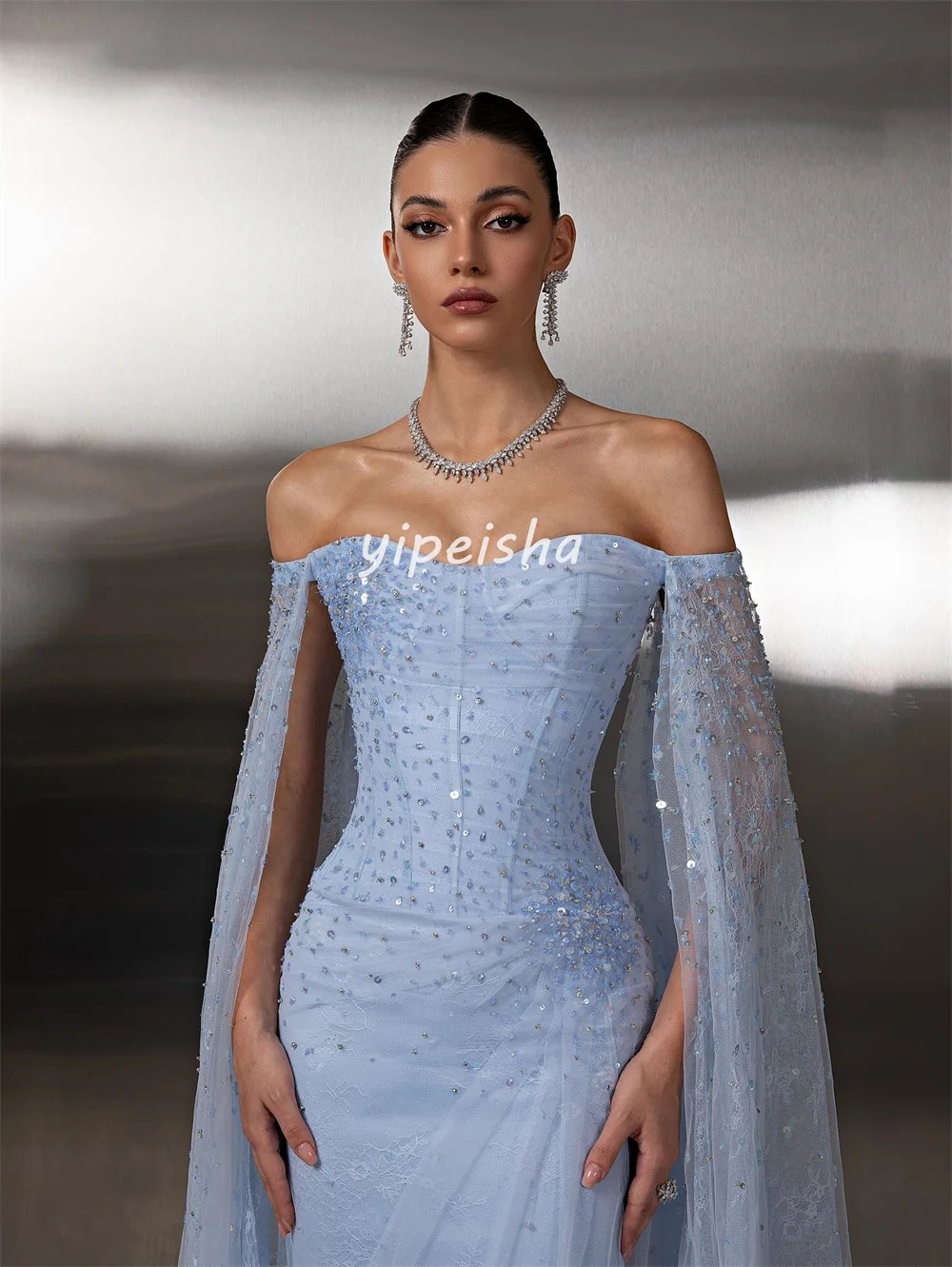 Aangepaste mode glitter kant plooi strass lovertjes kralen zeemeermin off-the-shoulder lange jurken op maat gemaakte gelegenheidsjurken