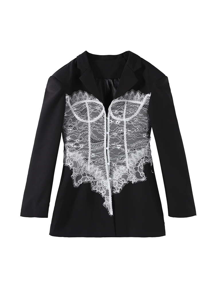 

Lace Long Sleeves Suit Jacket Woman V-Neck Single Breasted Spliced Waist Cinching Coat Sexy Versatile Fashion Women's New Coats