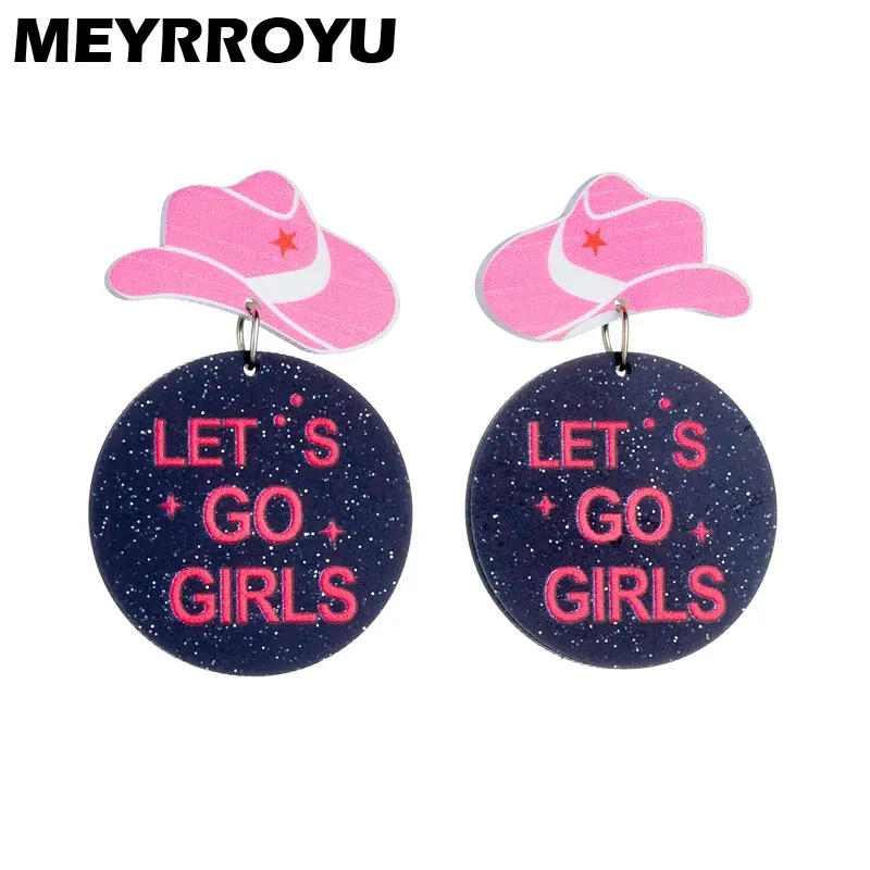 MEYRROYU New Independence Day National Day Earrings For Women Let's Go Girls Western Cowboy Hat Disco Ball Acrylic Earrings