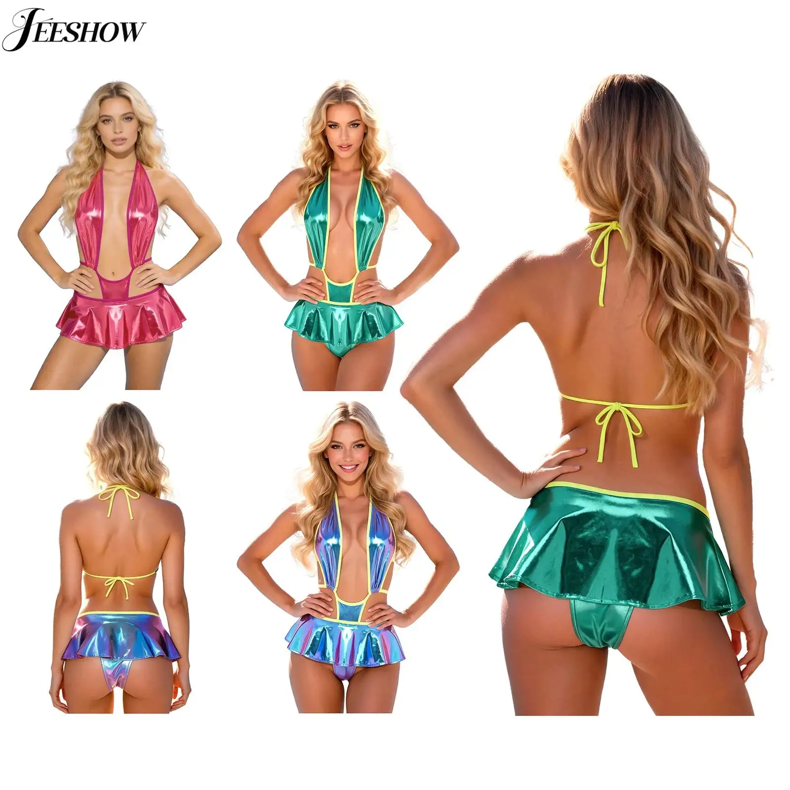 Womens Shiny Metallic Deep V Neck Monokini One Piece Swimsuit Lace-up Halter Neck Hollow Out Ruffled Skirted Bikini Bathing Suit