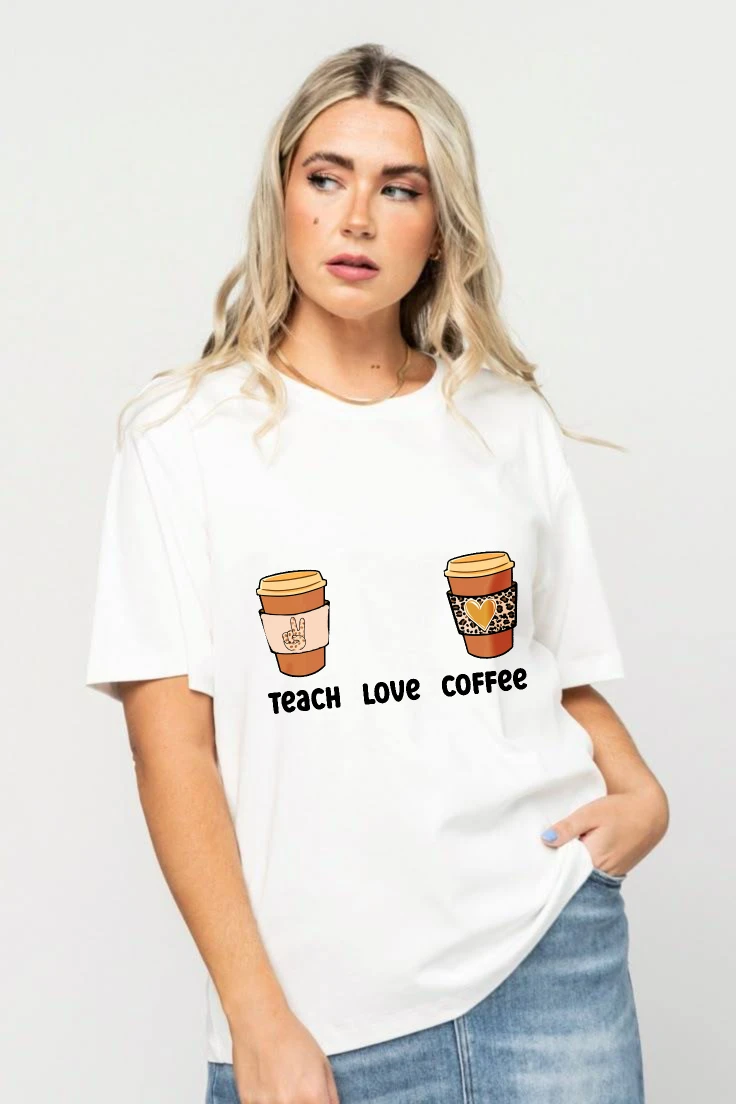 المرأة تي شيرت Crewneck الأساسية كبيرة الحجم المحملة تشغيل 100% القطن تعليم الحب فناجين القهوة تي شيرت مطبوع الصيف المرأة القماش