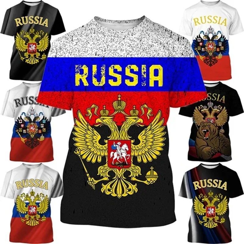 Casual Cool Russia Flag Summer Men\'s 3D Printed Round Neck Short Sleeve Russian Army Tops T Shirts Streetwear Sport T-shirt