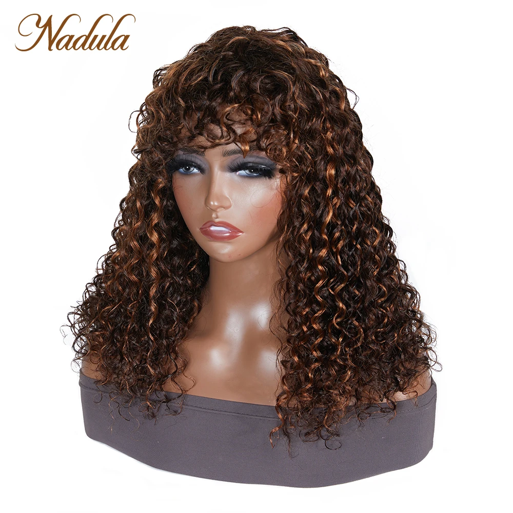 Nadula Hair Deep Wave Wig Piano Highlight Wig Human Hair Honey Blonde Color Deep Curly Wig wih Bangs FB430