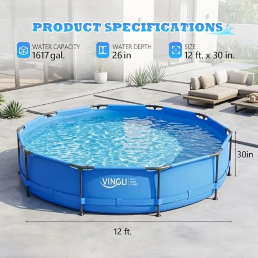 Backyard outdoor portable metal frame swimming pool, 12 feet x 30 inches round above ground pool for kids and adults, durable s