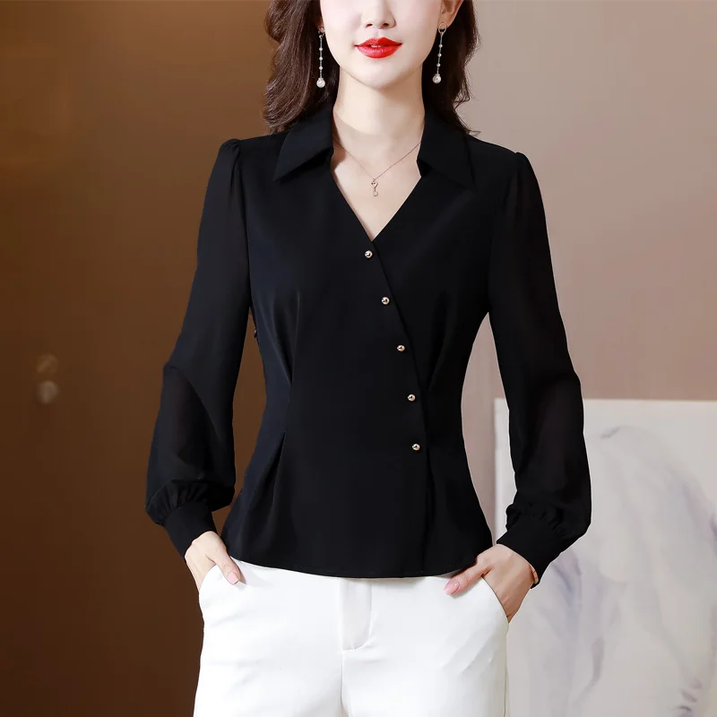 #2541 Spring Black Office Chiffon Blouse Women Long Sleeve V-neck Buttons Irregular Short Blouse Female Regular Fit Elegant