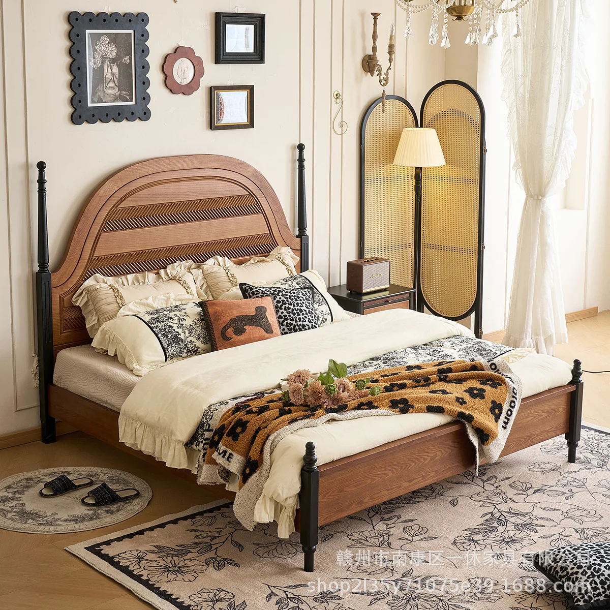 French retro bed antique bed 1.8 meters American double ash wood high backrest master bedroom 1.5 meters all solid wood bed