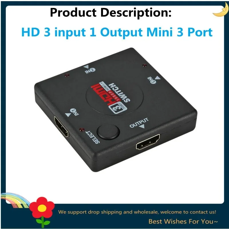 GRWIBEOU 3 Input 1 Output Mini 3 Port HDMI Switch Female to Female Switcher Splitter Box Selector for HDTV 1080P Video Switcher