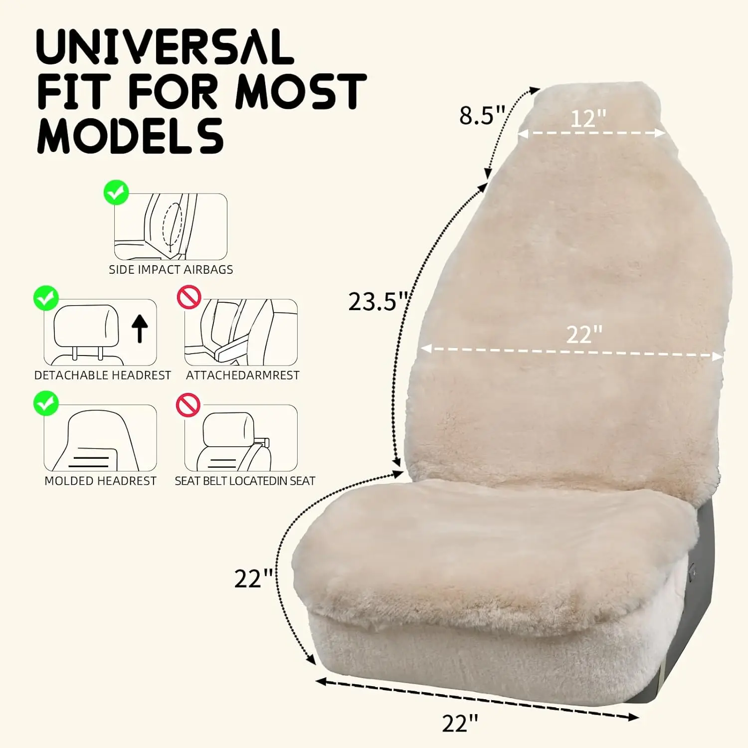 Universal Seat Protection for Cars, SUVs, Trucks, Sedan, Genuine Merino Wool, Sand, Luxury Dense Pelt
