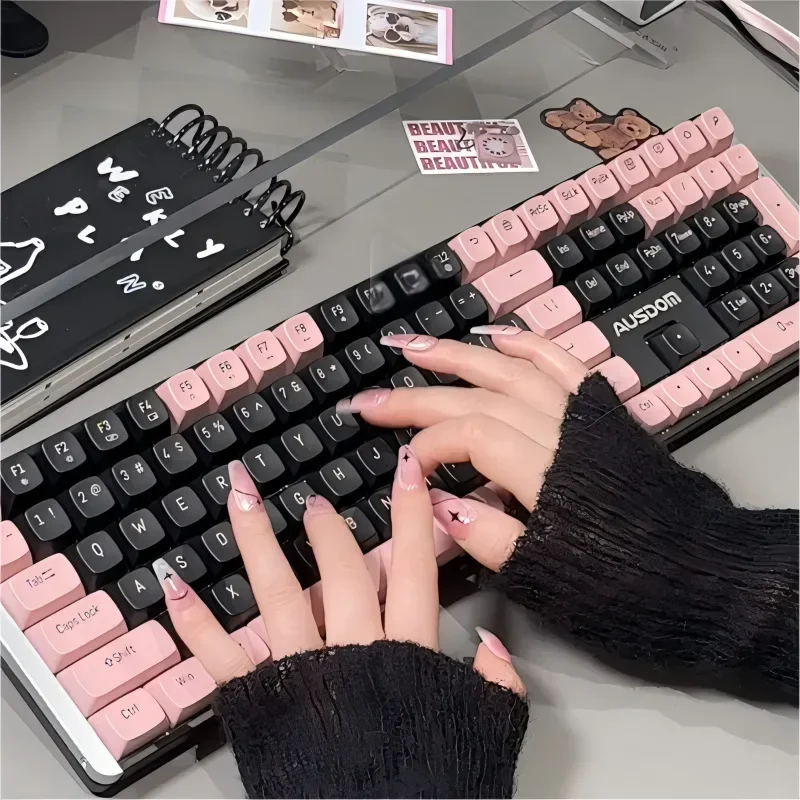 mechanical keyboard, tea red axis notebook, desktop computer, girls' game office, silent black powder, retro appearance