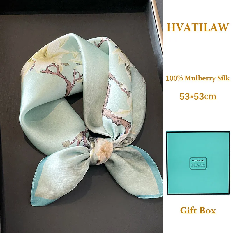 

100% Mulberry Silk Scarf for Women Luxury 53cm Small Square Scarf Silk Neckerchief Head Scarf Bandana Lady Neck Wrap Gift Box