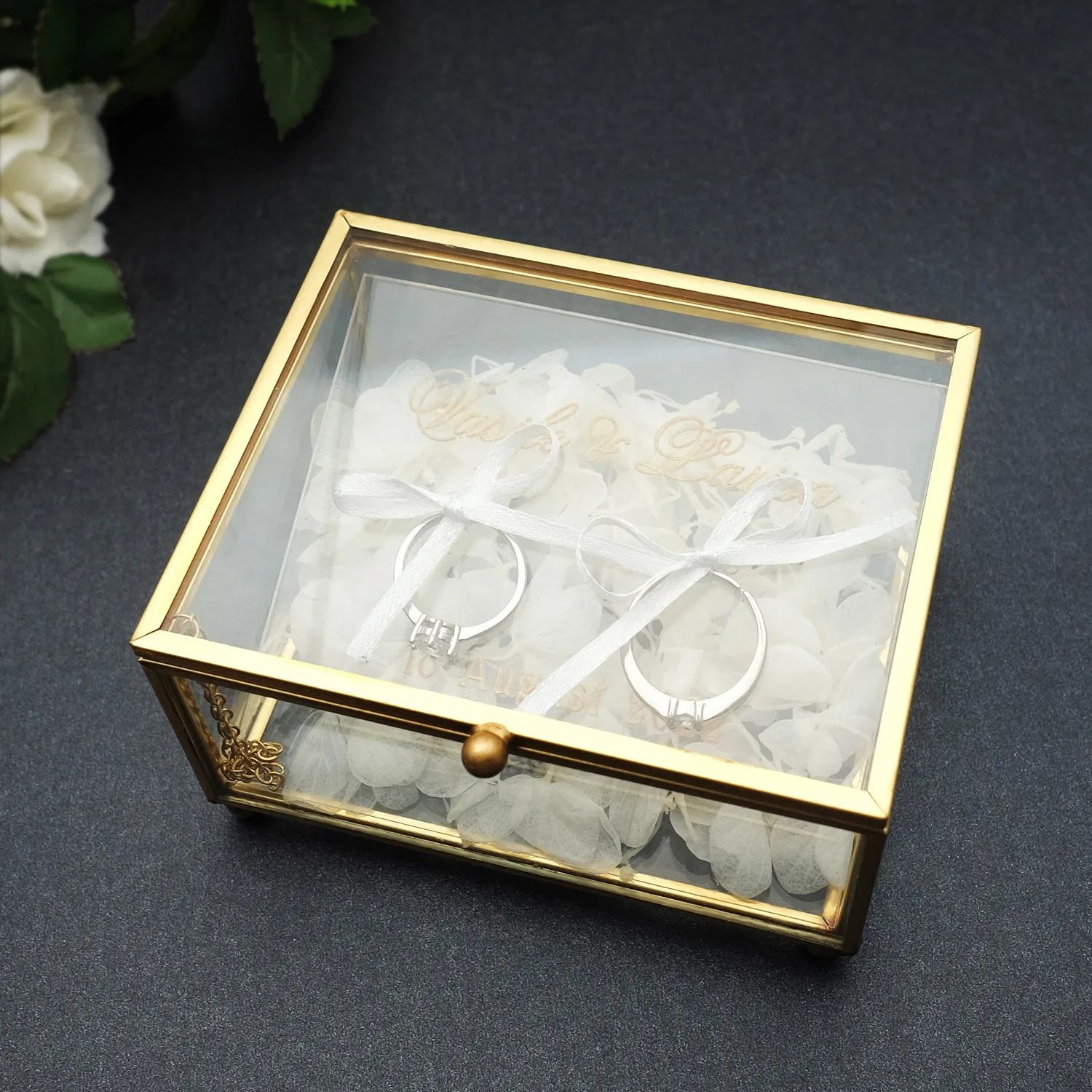 Personalized Glass Ring Box Custom Wedding Ring Holder Engagement Gold Glass Jewelry Storage Box Customized Your Names and Date