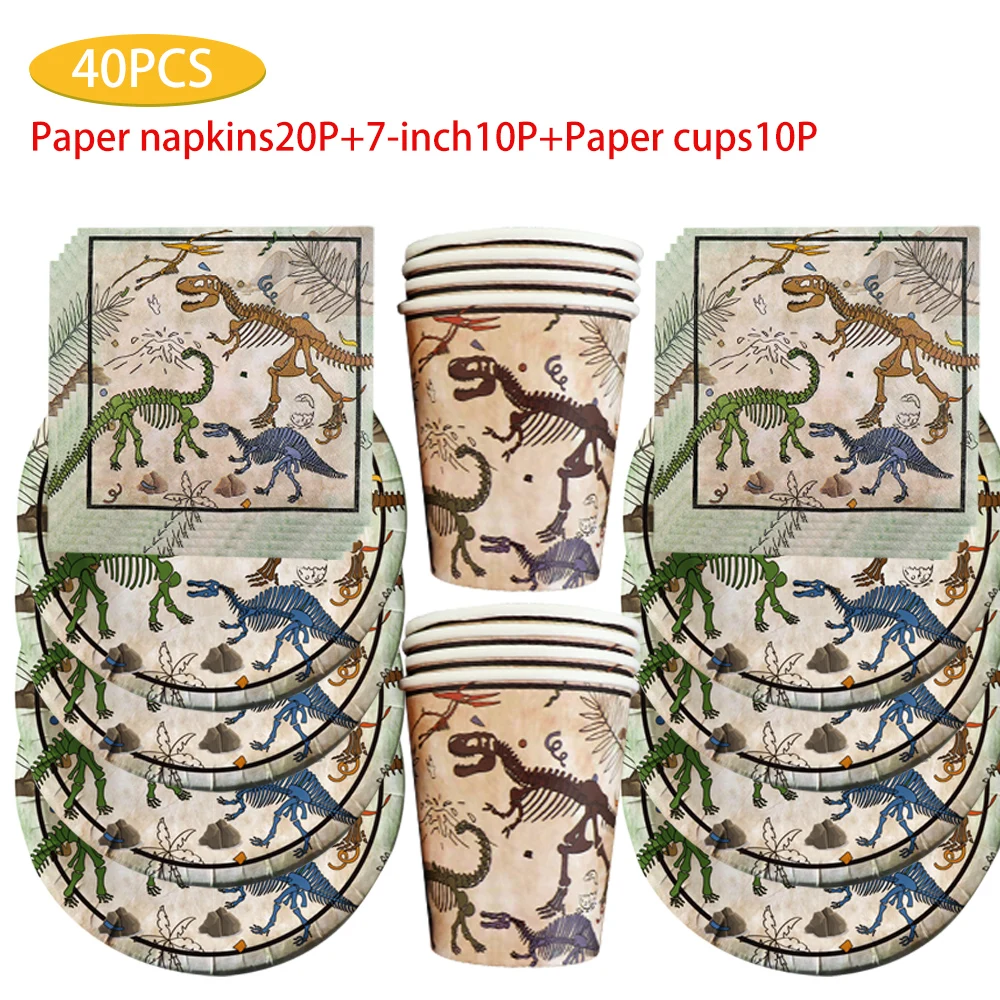 40/41/51/60 pcs Dinosaur fossil-themed party supplies Disposable plates Paper towels Paper cups tablecloths fork sets cutlery de