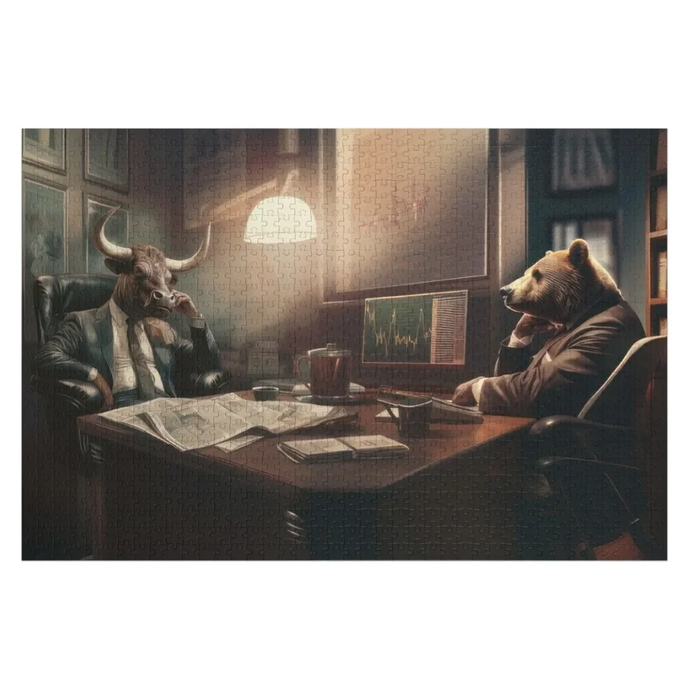 

Пазл с изображением быка и медведя на фоне встречи, настенный арт-пазл в стиле Уолл-стрит, персонализированные подарки для детей, деревянный фото-пазл с индивидуальной надписью для детей