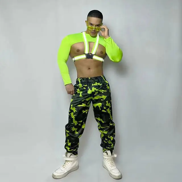 Fluorescence Green Tops Camouflage Pants Reflective Straps Outfit Nightclub Dj Ds Costume Muscle Man Gogo Dancing Clothes