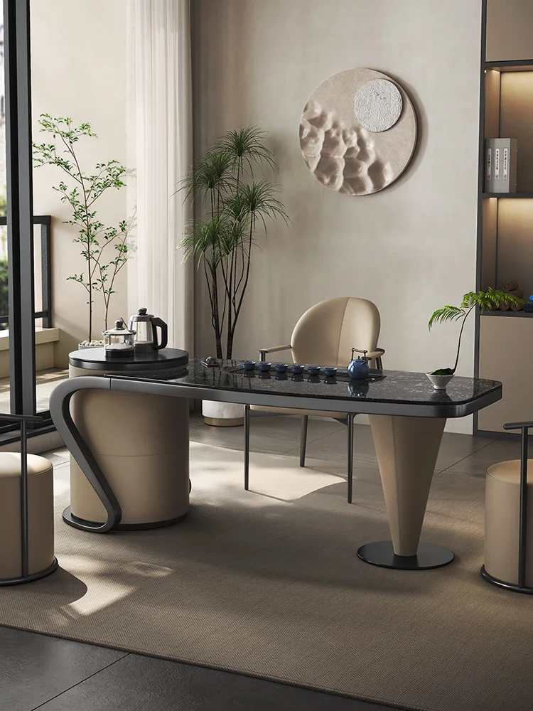

Chengjun office tea table and kettle integrated designer light luxury rock slab modern simple solid wood tea table and chair