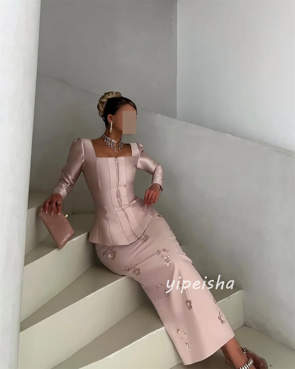 Customized Intricate Luxurious Handmade Flower Rhinestone Straight Square Neck  Ankle Length Evening Dresses for Woman Formal image 4