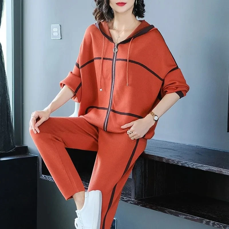 Two piece Women\'s Casual Sportswear Set 2024 Spring Autumn New Loose Long sleeved Knitted Hooded Zipper Set Women Clothing Sets