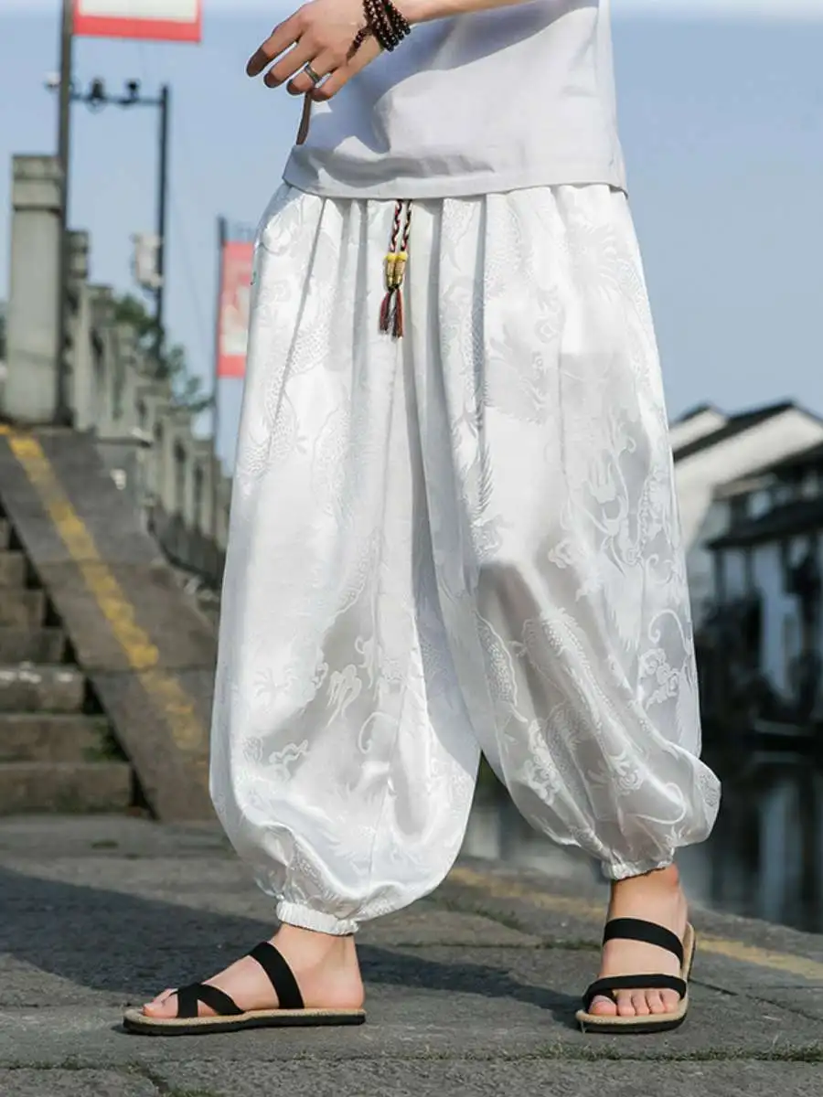 

Summer New Style Retro Floral Print Nine-Piece Pants Men's Fashion Ice Silk Loose Cucumber Beach Long Trousers Loose Fit Casu...